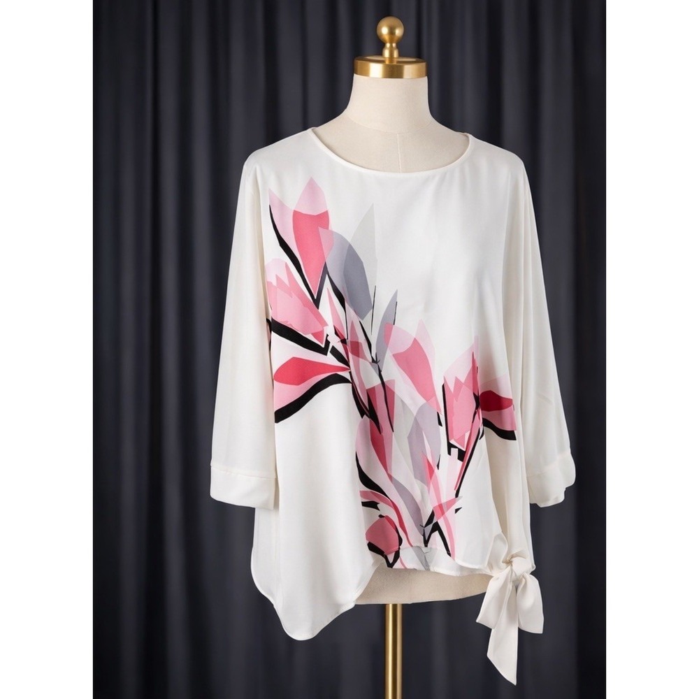 New Alfani Popover Top Blouse Wide Kimono Sleeve White Pink Floral Size 3x